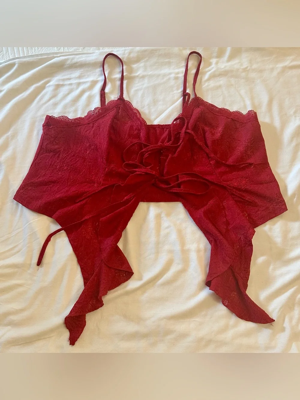 Cider Lace Ruffle Hem Knotted Tie-Front Crop Top in Deep Red - Picture 5 of 10